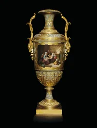 Un jarrón de porcelana y hoja de oro de Alejandro II con asas, pintado con una escena de aula después de B, 1866