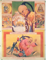 Póster cómico ruso satirizando a los europeos en China, impreso en Moscú, Rusia, 1900