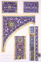 Azulejos decorativos en azul, verde y crema con contornos dorados, pub. 1905
