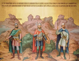 Grandes Príncipes Rurik, Igor y Sviatoslav, mural de los maestros de Palekh en la Cámara Facetada, 1882