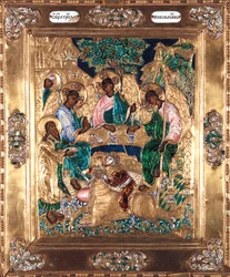 Icono de Abraham y los tres ángeles, Escuela de Moscú (esmalte)