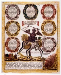 Ilustración esquemática rusa de los "Siete Pecados Capitales". Tratado religioso c.1850 (grabado)