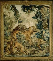 Tapiz que representa bestias salvajes luchando en un abrevadero, copia de la serie de alfombras indias diseñada por D. Deport, 1757 y hecha por la Fábrica de Tapices de San Petersburgo