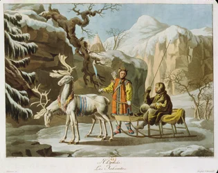 Yakutos de Siberia central en paisaje invernal, vestidos con pieles y con un trineo de renos, publicado en 1813