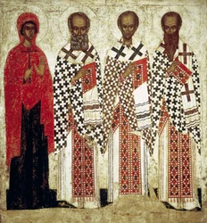 Paraskeva Pyatnitsa, Gregorio el Teólogo, Juan Crisóstomo y Basilio el Grande, principios del siglo XV