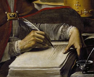 Manos, escribiendo con pluma de ave, detalle de San Ambrosio, de Rutilio Manetti (1571-1639), óleo sobre lienzo, 67x89 cm