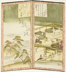 Interior del palacio y playa, de un hexaptych sin título que representa un par de biombos