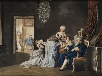 Las últimas horas de la familia real francesa (Luis XVI y María Antonieta) en el Louvre antes de la invasión de los revolucionarios. Pintura a la acuarela/témpera sobre cartón. 38 x 51 cm. Con el monograma "SG" y la fecha "1877" abajo a la derecha.