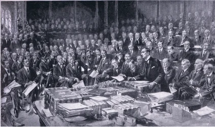 Uno de los eventos más importantes en la historia del Parlamento 3 de agosto de 1914, de la Historia de los británicos de Cassell publicada por la Waverley Book Company Limited, c.1940