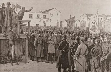 Policía vigilando a un reportero del Gobierno en una reunión sobre el plan de campaña, de "The Illustrated London News", 8 de enero de 1887 (grabado).