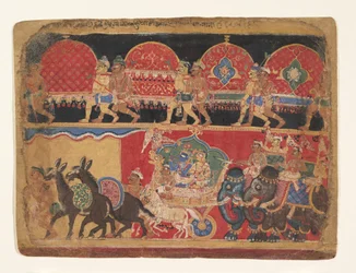 Krishna y las doncellas Kshatriya proceden a Dvaraka, ca. 1520-30