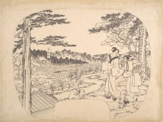 Dos mujeres admirando las vistas desde un punto de observación... el Templo Zenpukuji, siglo XIX
