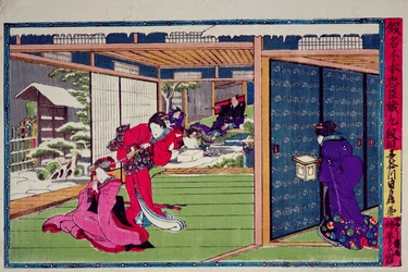 Escena del noveno acto de una obra kabuki, "Kanadehon Chushingura", una historia de venganza basada en el incidente de los cuarenta y siete ronin de 1703, hacia 1870 (xilografía en color).