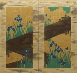 Irises y puente de ocho pliegues, biombo de dos paneles, c.1820 (tinta, color y pan de oro sobre seda)
