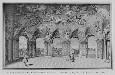 Oberes Belvedere: Sala terrena, diseño no ejecutado, grabado por Johann August Corvinus