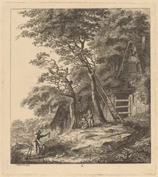 Un pescador y dos niños en un paisaje con cabañas de paja, 1764
