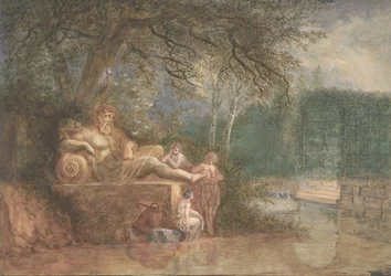 Un parque con figuras en una estatua cerca del agua, 1775