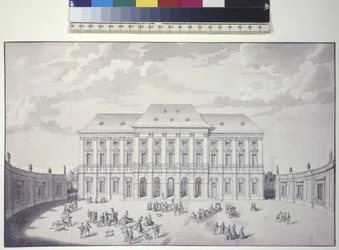 Página completa: Palacio-jardín Liechtenstein, Viena, vista frontal del palacio (pluma, pincel y tinta)