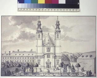 Página completa: vista frontal de la iglesia de los Servitas en el suburbio de Rossau (dibujo a pluma y tinta)