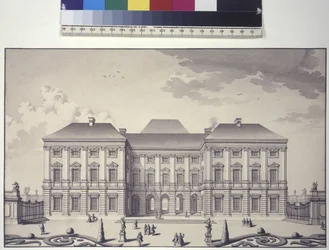 Página completa: vista frontal de la fachada del jardín del Palacio Liechtenstein en Rossau (dibujo a pluma y tinta)