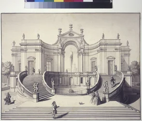 Página completa: palacio ajardinado en los jardines del palacio Liechtenstein, Rossau, Viena (dibujo a pluma y tinta)
