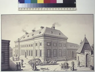 Página completa: vista oblicua del invernadero situado frente al palacio-jardín Liechtenstein en Rossau (dibujo a pluma y tinta)