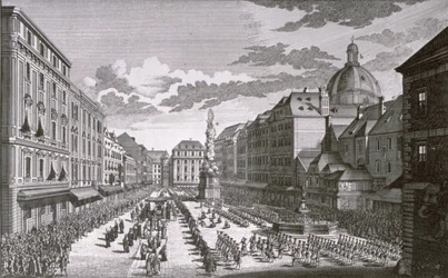 Vista de una procesión en el Graben grabada por Georg-Daniel Heumann (1691-1759)