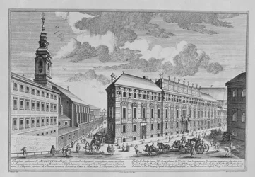 Vista de la Dorotheergasse mostrando el Stallburg y la iglesia del monasterio del Dorotheum grabado por Hieronymous Sperling