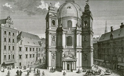 Vista de la Peterskirche, Viena grabado por Johann Bernard Hattinger
