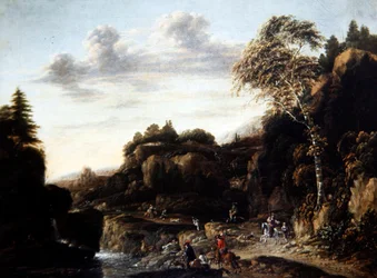 Paisaje boscoso con caza de ciervos junto a un río, c.1690