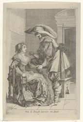 El hombre le ofrece una moneda a una mujer Dats de Bruydt daermen om danst (título sobre el objeto)