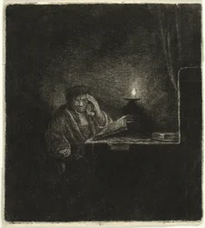 Estudiante en una Mesa a la Luz de las Velas