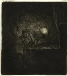 Estudiante en una Mesa a la Luz de las Velas