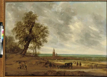 Un paisaje panorámico con viajeros en un camino, la ciudad de Amersfoort al fondo, 1634