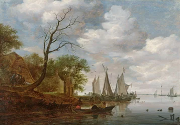 Escena fluvial con veleros descargando en la orilla (óleo sobre tabla)