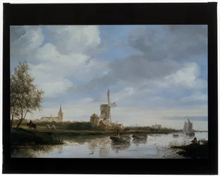 Paisaje fluvial con molino de viento