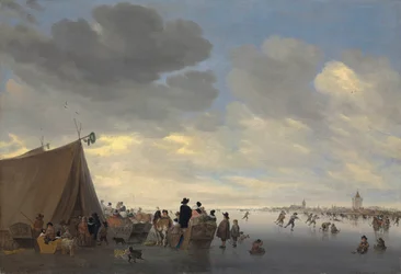 Patinadores en el río Lek congelado, la ciudad de Vianen al fondo, 1653