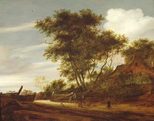 Paisaje boscoso con niños jugando en el camino junto a una cabaña, 1658