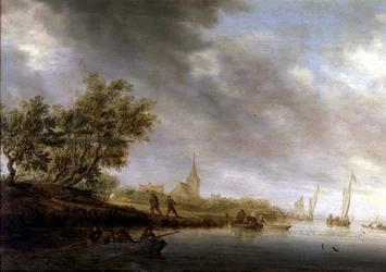 Paisaje fluvial boscoso con barcazas