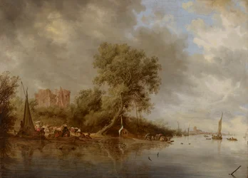 Paisaje fluvial con las ruinas del castillo de Egmond