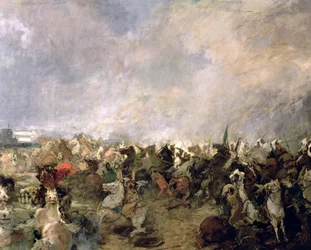La batalla de Guadalete detalle de la huida de los godos del mando del rey Roderic en presencia de la caballería musulmana de Tarik Ibn Ziyad, 711 d.C. (óleo sobre lienzo) (detalle)