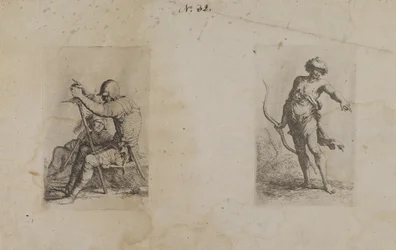 (Serie de figuras) Dos hombres sentados, cada uno con un arma