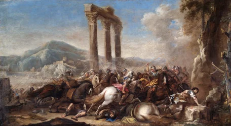 Escena de batalla con columnata clásica