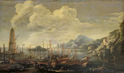 Puerto con faro y barcos