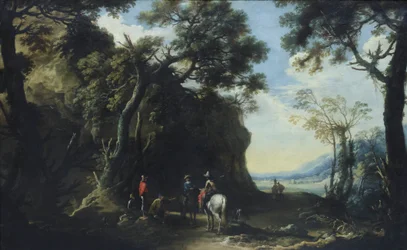 Paisaje con viajeros preguntando el camino, c.1641 (óleo sobre lienzo)