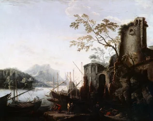 Paisaje marino con torres y ruinas