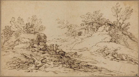 Paisaje rocoso con una casa rústica
