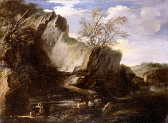 Paisaje rocoso con pastores y ganado