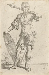 Guerrero exótico de pie con gorra de cabeza de león, sosteniendo una maza y un escudo, c.1656-57