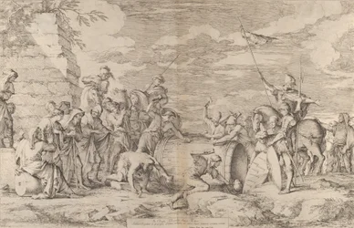La muerte de Marco Atilio Régulo, mostrado siendo clavado en un barril por los cartagineses, ca. 1661-62